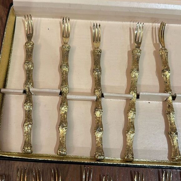 Vintage Janis collection 24k plated bamboo cocktail forks 26 pieces with knife - Picture 2 of 5